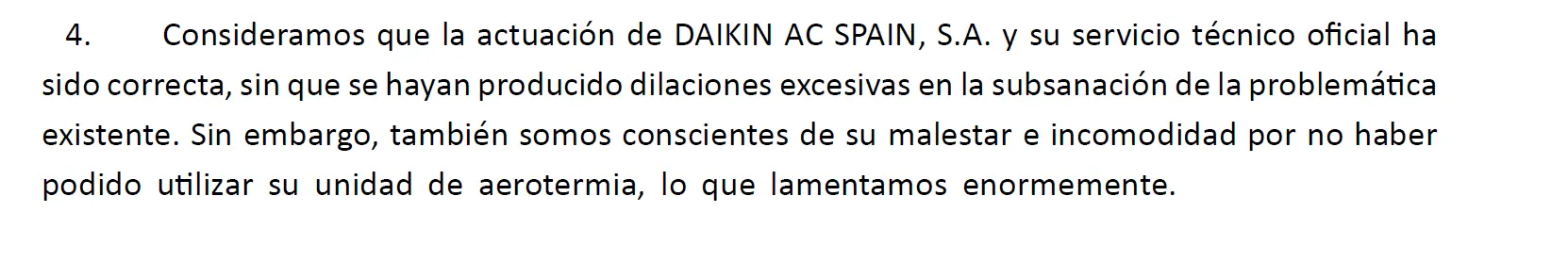 Extracto de comunicación de Daikin sobre la incidencia 