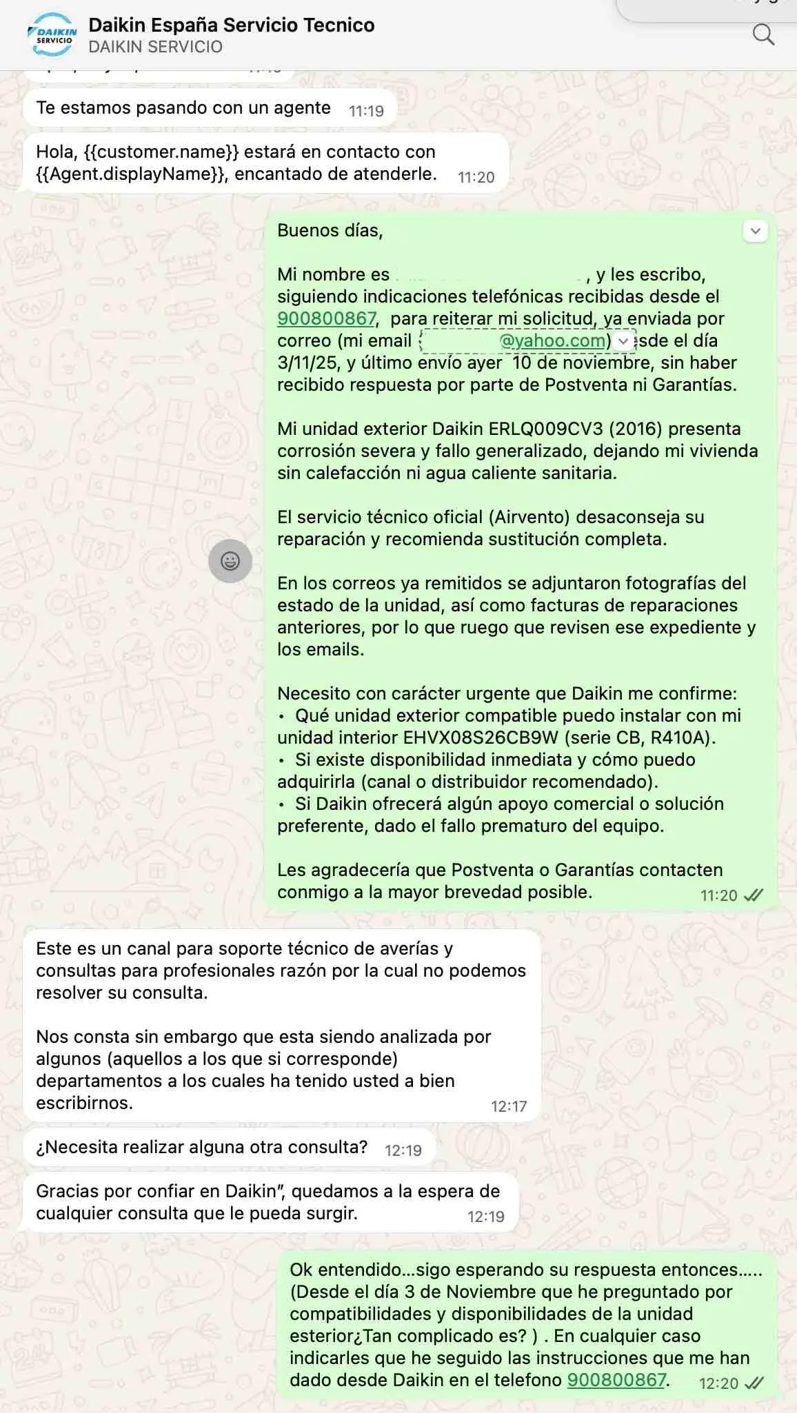 Whatsapps con Servicio Técnico Daikin